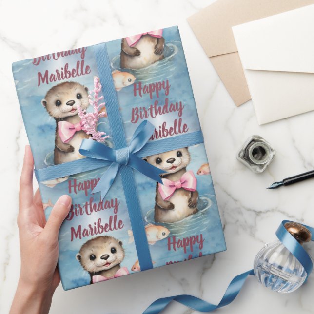 Baby Otter Girl Personalized Birthday Wrapping Paper (Gifting)