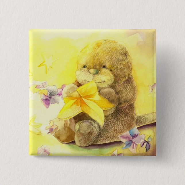 Baby Otter Holding a Starfish 2 Inch Square Button (Front)