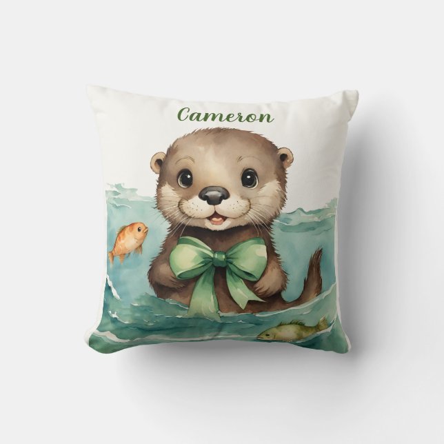 Baby Otter Personalized Gender Neutral Throw Pillow (Front)