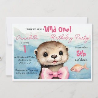 Baby Otter Wild One Girl Birthday Invitation