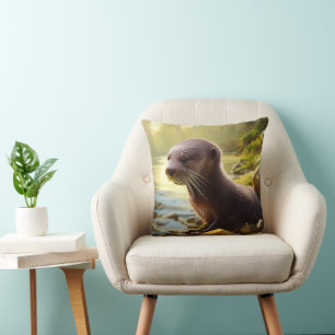 Baby Otter Wildlife Portrait Throw Pillow