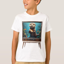 Baby Otter With Fish On Analog Television,