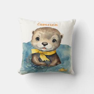 Baby Otter Yellow Bow Personalized Neutral Throw Pillow