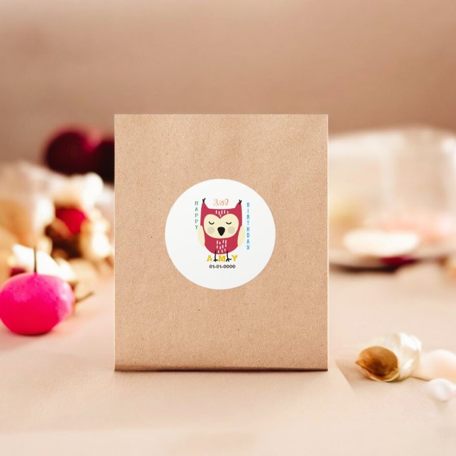 Baby Owl 1st Birthday  Classic Round Sticker (baby Owl party theme sticker,birthday party sticker,gift pack,envelope,return gift sticker)