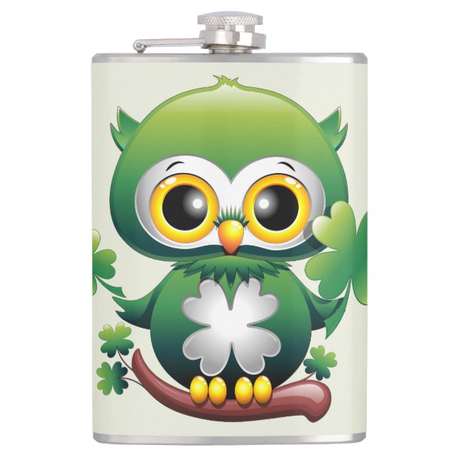 Baby Owl Cute St Patrick Cartoon Hip Flask (Front)