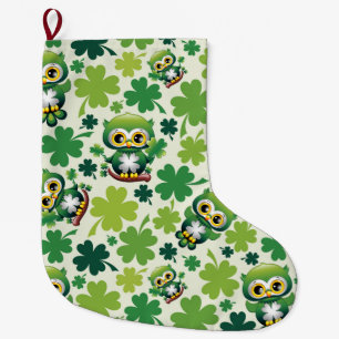 Baby Owl Cute St Patrick Cartoon Large Christmas Stocking