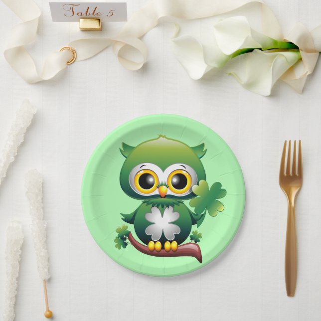 Baby Owl Cute St Patrick Cartoon Paper Plate (Wedding)