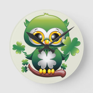 Baby Owl Cute St Patrick Cartoon Round Clock