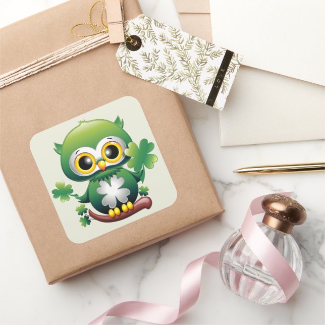 Baby Owl Cute St Patrick Cartoon Square Sticker (Gifting)
