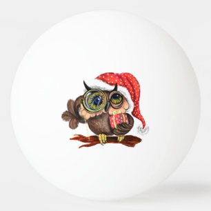 Baby Owl In Christmas Hat and Gift Ping Pong Ball