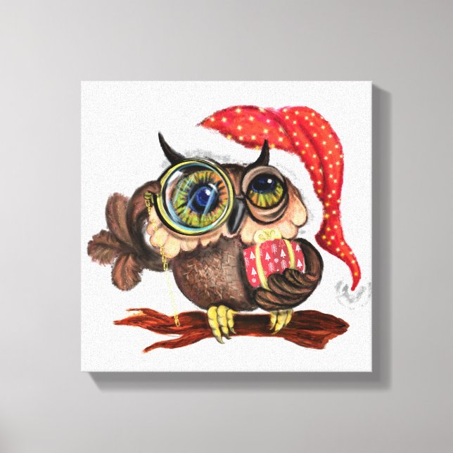 Baby Owl In Christmas Hat Canvas Print (Front)