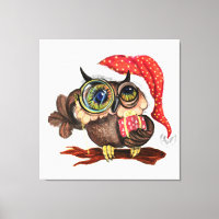 Baby Owl In Christmas Hat Canvas Print Gift