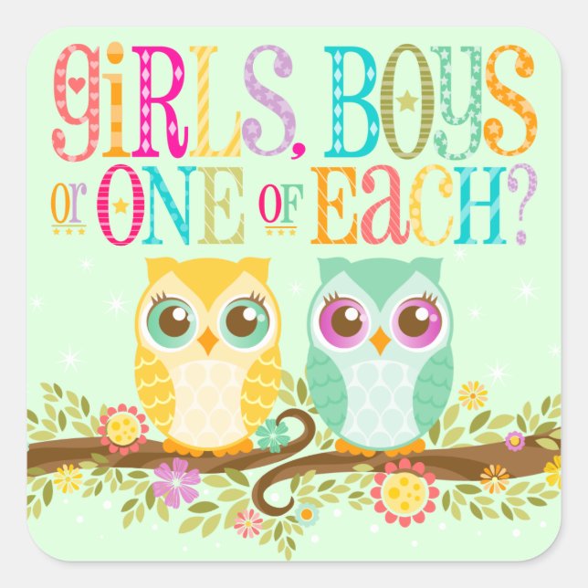 Baby Owl Twins - Gender Reveal / Unknown Square Sticker (Front)