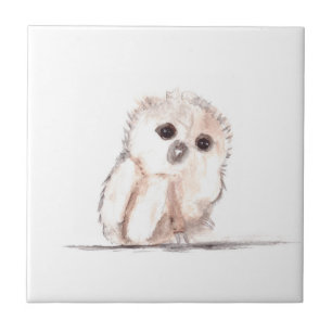Baby owl Woodlands bird Watercolor Tile