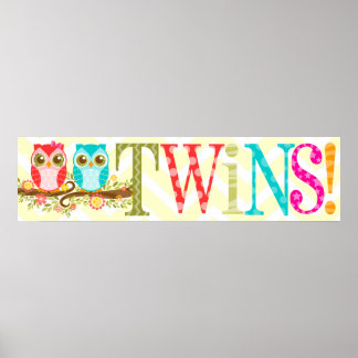 Baby Owls - Boy and Girl Twins Shower Banner Poster