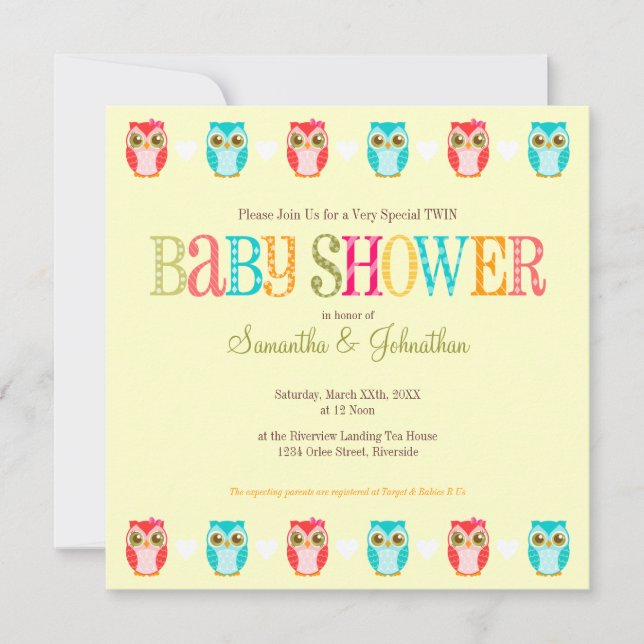 Baby Owls - Girl and Boy Twins Shower Invitation (Front)