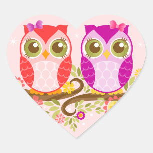 Baby Owls - Pink and Purple Girls - Heart Stickers