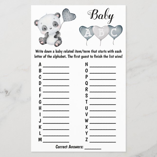 Baby Panda ABC Baby Shower Game Card (Front)
