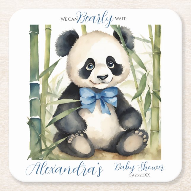 Baby Panda Bear Boy Baby Shower Square Paper Coaster (Front)