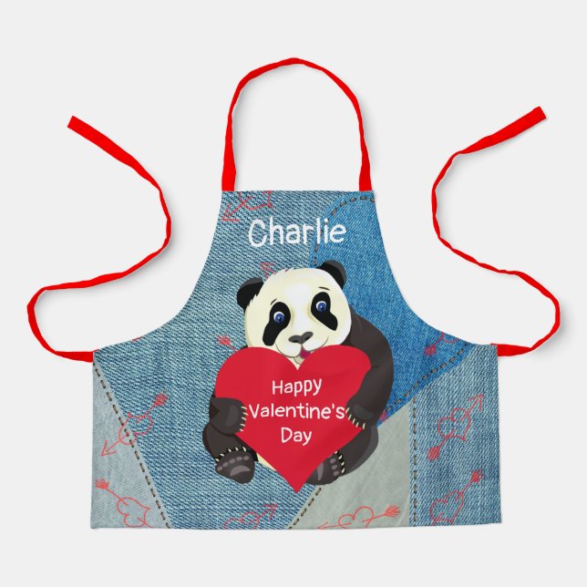 Baby Panda Bear Hugging a Big Red Heart Chef Apron (Front)