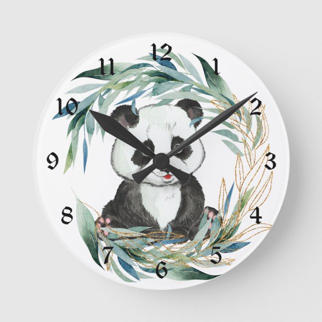 Baby Panda Bear in Wreath Nursery Round Clock (Front)