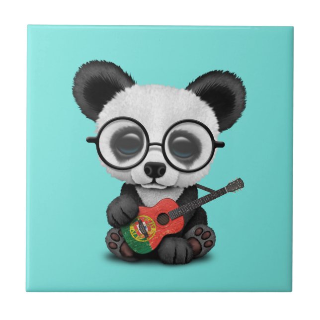 Baby Panda Playing Portuguese Flag Guitar Tile (Front)