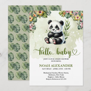Baby panda tropical flowers watercolor invitation