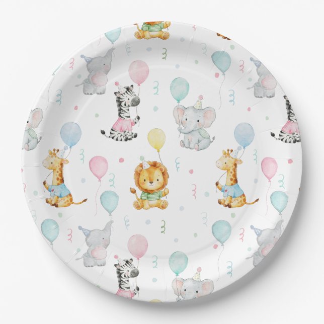 Baby Party Animals Cute Birthday Paper Plate (Front)