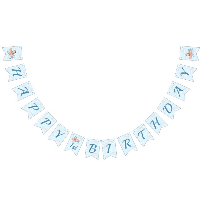Baby Penguin Airplane Blue Personalized Birthday Bunting Flags (All)