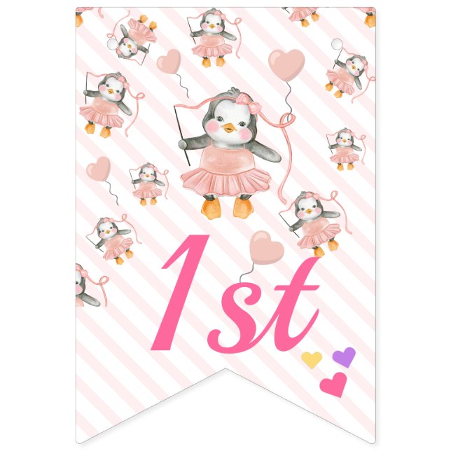 Baby Penguin Ballerina Pink Personalized Birthday  Bunting Flags (Seventh Flag)