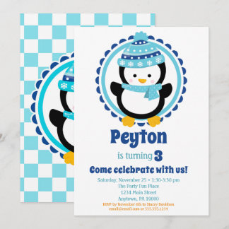 Baby Penguin Blue Winter Birthday Party Invitation