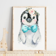 Baby Penguin Floral Bow Tie | Nursery Print