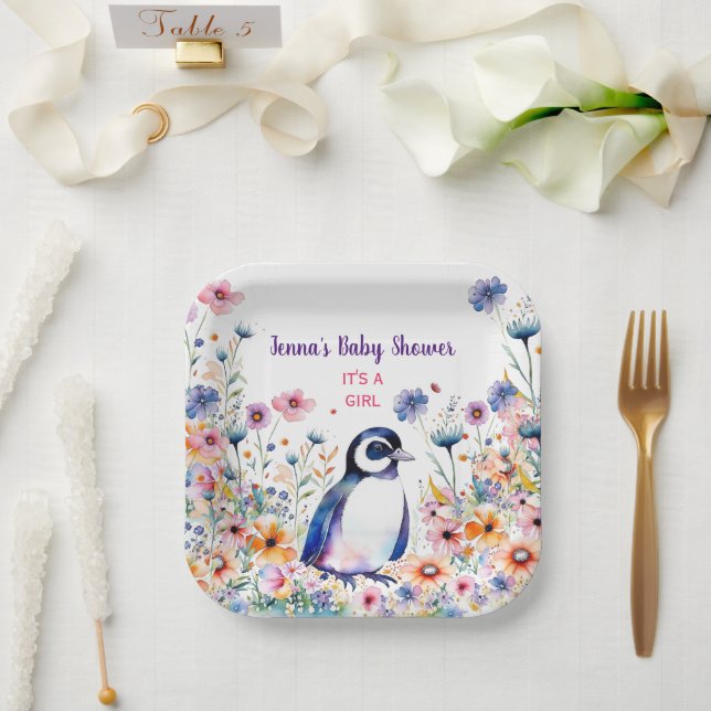 Baby Penguin in Flowers It's a Girl | Baby Shower Paper Plate (Wedding)
