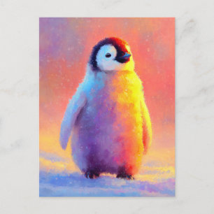 Baby Penguin in Snow with Rainbow Glow Postcard