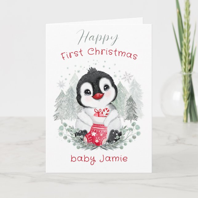 Baby Penguin mignonne 1ère carte de Noël (Devant)