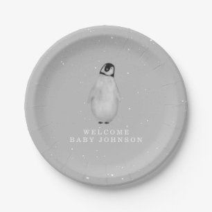 Baby Penguin Neutral Grey Winter Baby Shower Paper Plate