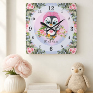 Baby Penguin Nursery Personalized Square Wall Clock