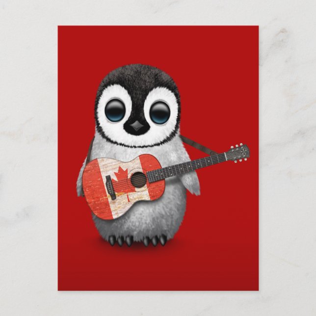 Baby Penguin Playing Canadian Flag Guitar Red Postcard (Front)