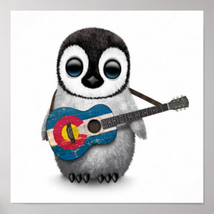 Baby Penguin Playing Colorado Flag Guitar Poster