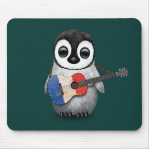 Baby Penguin Playing French Flag Guitar Teal Mouse Pad