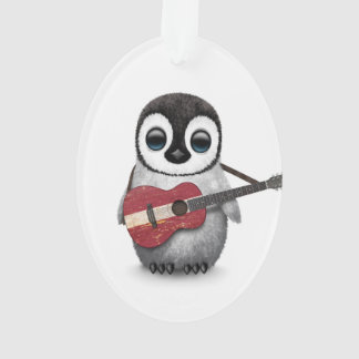 Baby Penguin Playing Latvian Flag Guitar Ornament