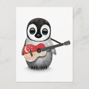 Baby Penguin Playing Singapore Flag Guitar Postcard