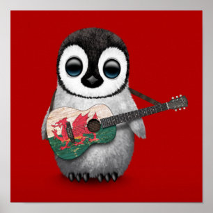 Baby Penguin Playing Welsh Flag Guitar Red Poster