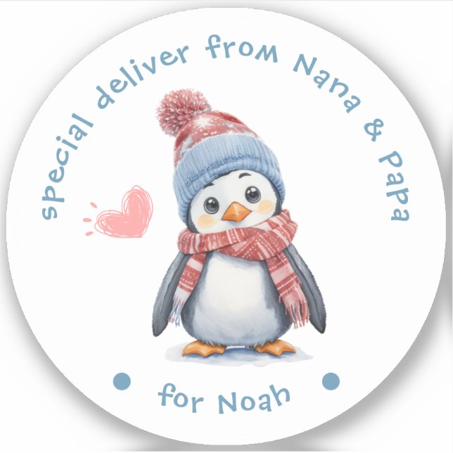 Baby Penguin White Christmas Label for Kids Gift (Front)