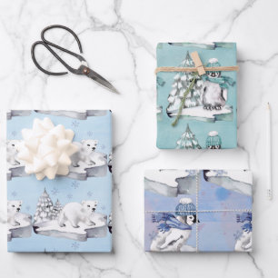 Baby Penguins and Polar Bears On Ice Flows Wrapping Paper Sheet