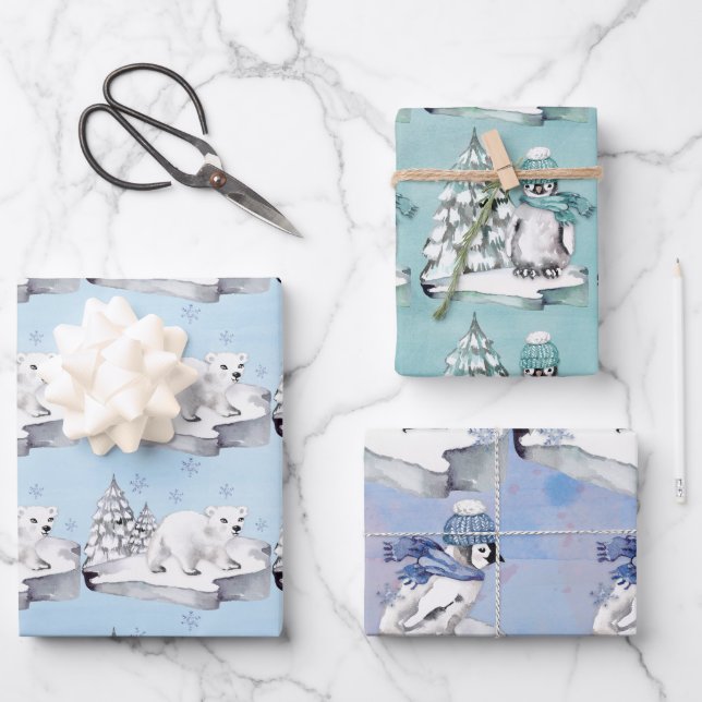 Baby Penguins and Polar Bears On Ice Flows Wrapping Paper Sheet (Front)