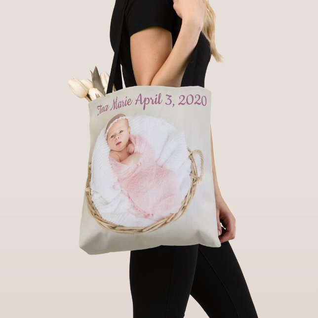 Baby Personalized Bunny Rabbit Name Birthdate Tote Bag (Close Up)