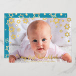 Baby Photo 1st Hanukkah Star of David Real Gold Foil Holiday Card<br><div class="desc">“My First Hanukkah.” A playful visual of real gold foil snowflakes, Stars of David and handwritten script typography, overlaying the photo of your choice, help you usher in Hanukkah and New Year. On the back, additional champagne faux gold snowflakes overlay a soft, turquoise blue background. Feel the warmth and joy...</div>
