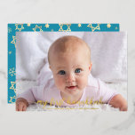 Baby Photo 1st Hanukkah Star of David Real Gold Foil Holiday Card<br><div class="desc">“My First Hanukkah.” A playful visual of real gold foil snowflakes, Stars of David and handwritten script typography, overlaying the photo of your choice, help you usher in Hanukkah and New Year. On the back, additional champagne faux gold snowflakes overlay a soft, turquoise blue background. Feel the warmth and joy...</div>