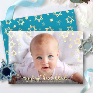 Baby Photo 1st Hanukkah Star of David Real Gold Foil Holiday Card